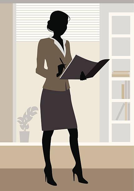 ilustraciones, imágenes clip art, dibujos animados e iconos de stock de mujer de negocios silueta en oficina - receptionist office silhouette business