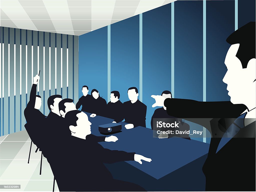 Człowiek z wyciągniętą ręką przy Sala posiedzeń - Grafika wektorowa royalty-free (Dyskusja panelowa)