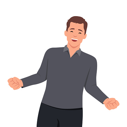 Happy and excited young business man celebrating victory expressing success, power, energy and positive emotions. Flat vector illustration isolated on white background