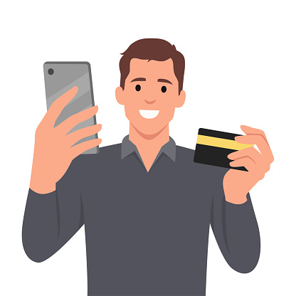 Smiling man holds smart phone and credit card, he gesture success for win money reward. Flat vector illustration isolated on white background