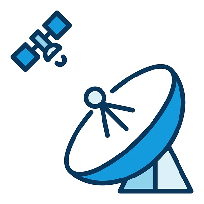 Satellite and Parabolic Antenna Dish vector concept blue icon or sign