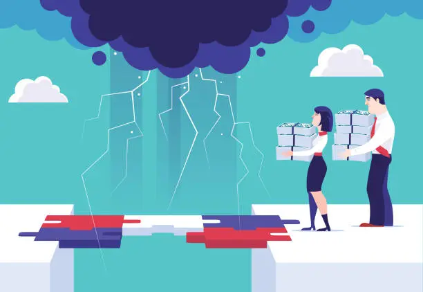 Vector illustration of businessman and woman holding stacks of banknotes and standing beside broken jigsaw bridge with bad weather
