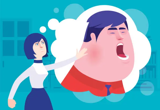 Vector illustration of woman slapping husband from imagination