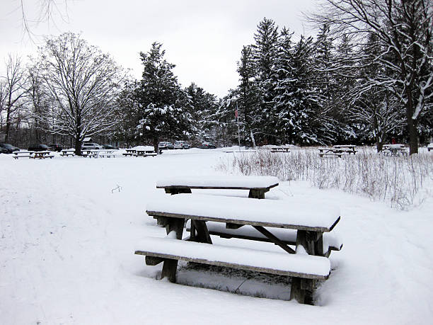 istock Snowy picnic table in park 160238517