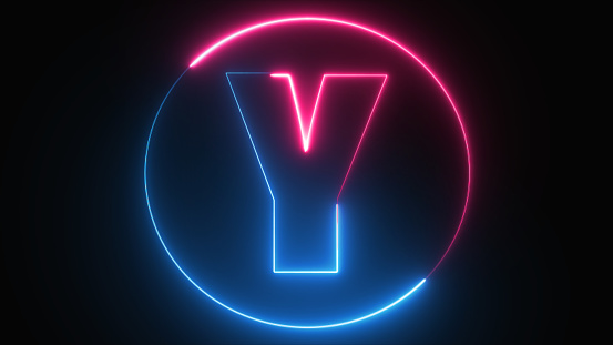 Neon Letter Y with neon circle, Neon alphabet Y glowing in the dark, pink blue neon light, Shine text Y, the best digital symbol, 3d render, Education concept.