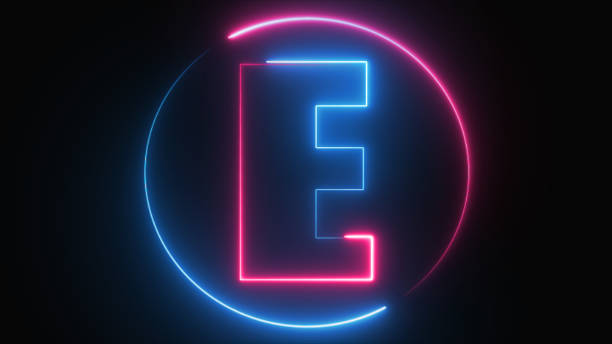 istock Neon Letter E with neon circle, Neon alphabet E glowing in the dark, pink blue neon light, Shine text E, the best digital symbol, 3d render, Education concept. 1602386328