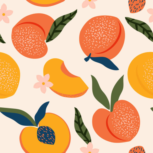 복숭아 과일 원활한 패턴입니다. 직물, 직물을 위한 분홍색 배경이 있는 여름 열대 분위기. 벡터. - peach fruit backgrounds textured stock illustrations