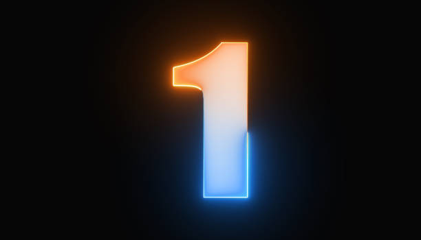 3D rendering of Number 1 made of Dark Turquoise colored Faceted Translucent Glass material, illuminated by Glowing Neon Lighting from within that produce a Holographic Effect, isolated on white background.