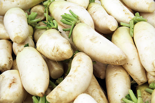 daikon rábanos en el mercado - radish dikon radish vegetable exoticism fotografías e imágenes de stock