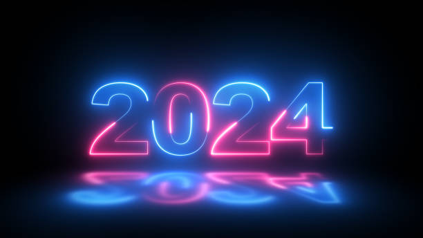 istock 2024 year 3d text on black. Digital New Year numbers isolated on black background. 1602391124