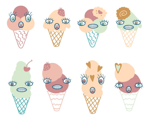 illustrations, cliparts, dessins animés et icônes de crazy faces ice cream cone personnages clipart collection dans le style des années 90. parfait pour tee, autocollants, affiches. ensemble d’illustrations vectorielles de dessins animés. - wiggly tooth