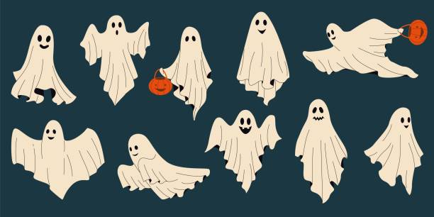 Funny phantom. Cute scary monster in white sheets, cartoon scary monster faces with expressions and emotions. Vector Halloween characters Funny phantom. Cute scary monster in white sheets, cartoon scary monster faces with expressions and emotions. Vector Halloween characters. Flying mystic poltergeist, creatures in costumes sheet stock illustrations