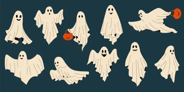 Vector illustration of Funny phantom. Cute scary monster in white sheets, cartoon scary monster faces with expressions and emotions. Vector Halloween characters