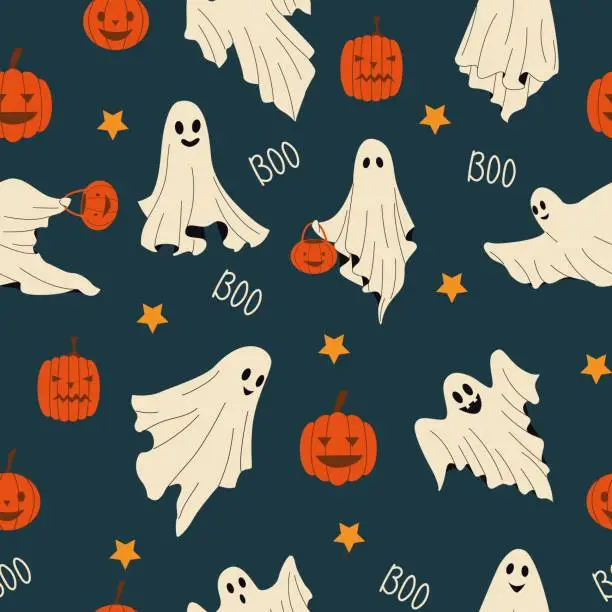Vector illustration of Baby ghost pattern. Seamless print of cute scary Halloween character in white sheets, october night celebration wallpaper. Vector texture