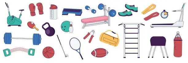 Vector illustration of Sport equipment set. Cartoon fitness equipment for workout, weight training, pilates and yoga, muscle and cardio workout. Vector colorful set