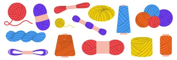 Vector illustration of Wool and spool collection. Cartoon handmade spool with thread yarn, colorful handmade textile equipment for sewing. Vector knitting and sewing set