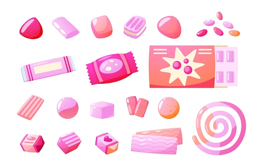 Bubblegum collection. Chewy sweet mint candy gumballs, cartoon gum flavor stick balls, mint dragee product. Vector isolated set. Refreshing breath, oral hygiene products, funny pink pads