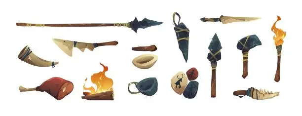 Vector illustration of Primitive tools. Ancient stone knife and sharp barbarian rock stick, prehistoric flat weapon and tool icons. Age, civilisation and evolution symbols vector set