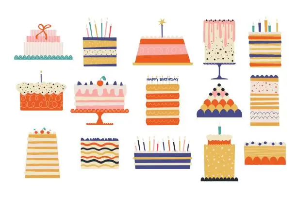 Vector illustration of Birthday cakes. Cartoon sweet desserts with colorful decorations, creative bakery products for party celebration, delicious pastry. Vector flat set