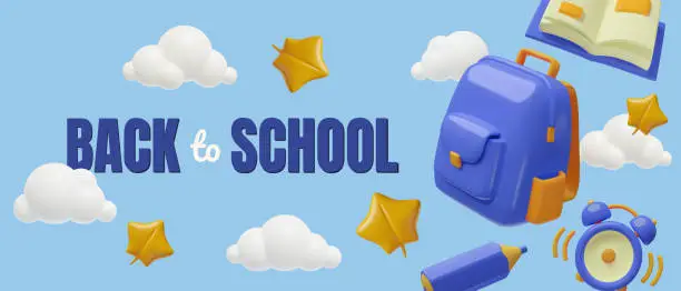 Vector illustration of 3D Back to School Blue Horizontal Banner or Background