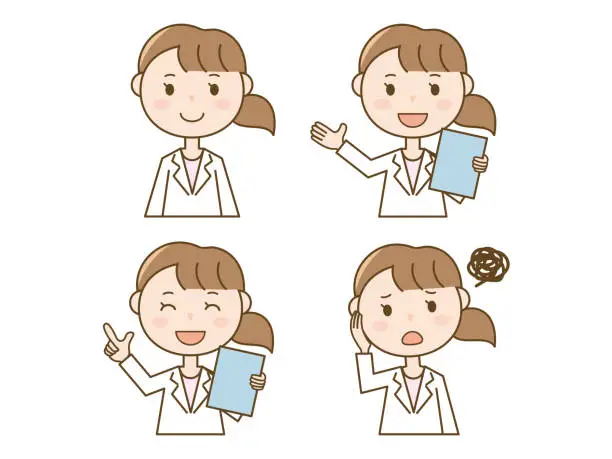 Vector illustration of Explaining with a chart_Guiding_Nurse in trouble__Woman in white coat, set of 4 poses