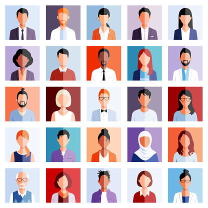 Avatar square icon set of 25 diverse people portraits. Isolated vector illustration.