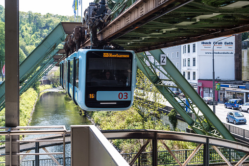 Wuppertal, Germany - May 3, 2022: The suspension railway is the oldest electric elevated railway with hanging cars in the world and is a unique system in Germany.