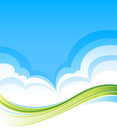 Abstract simple fluffy clouds in blue sky and rolling green hills vector illustration