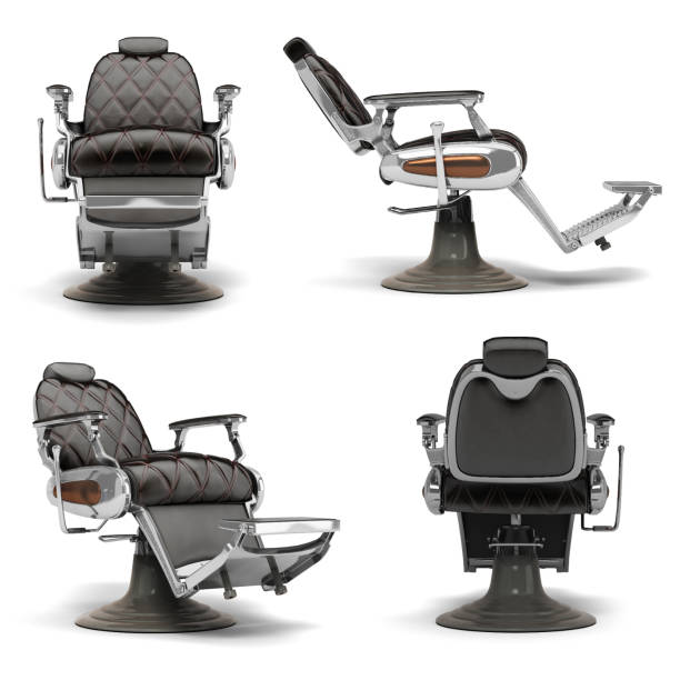 istock Set of retro black leather barber chair with chrome inserts back view 3d render on white 1602471117