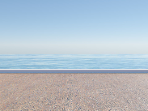 Empty building ground floor on sea background. 3d rendering.