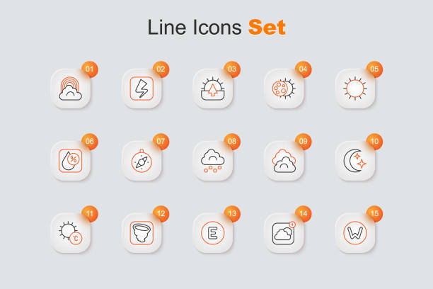 istock Set line Compass north, Weather forecast app, west, Tornado, Sun, Moon and stars, Cloud and Hail cloud icon. Vector 1602490148