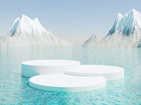 Abstract 3d render winter scene and Natural podium background, White podium on the sea backdrop clear sky and ice snow volcano for product display advertising cosmetic products, skincare or etc