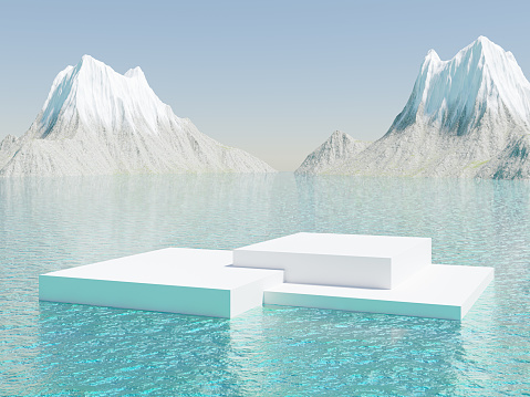 Abstract 3d render winter scene and Natural podium background, White podium on the sea backdrop clear sky and ice snow volcano for product display advertising cosmetic products, skincare or etc