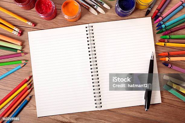School Supplies With Blank Writing Book Stock Photo - Download Image Now - Above, Art and Craft Equipment, Back to School