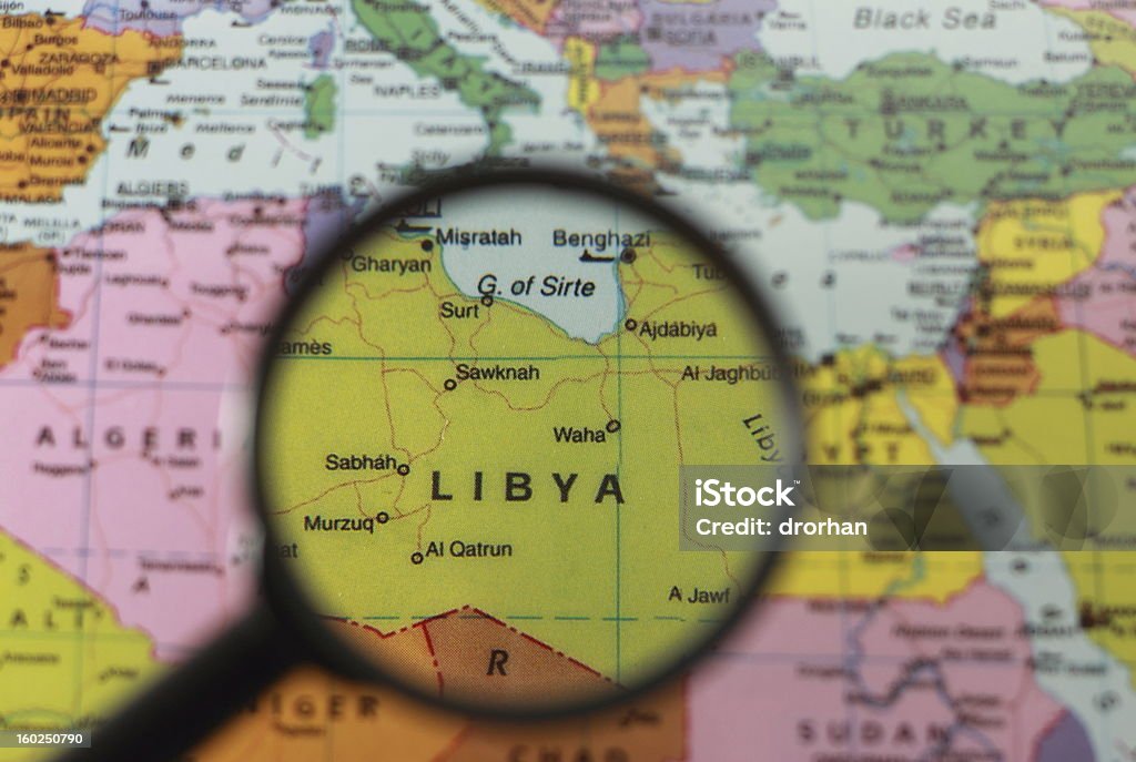 Map Libya Map of Libya under a magnifying glass Libya Stock Photo