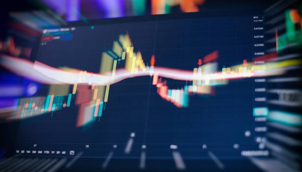 istock Technical price graph and indicator, red and green candlestick chart on blue theme screen, market volatility 1602514799