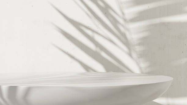 istock White round glossy pedestal side table podium in sunlight, palm leaf shadow on concrete cement wall 1602515882