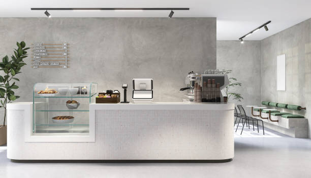 istock Modern luxury design cafe, mosaic tile white round corner counter, cake display, espresso machine, cash register, table, chair by window 1602524725