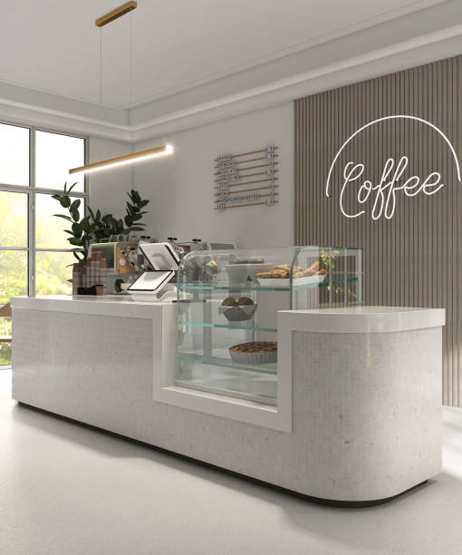 istock Modern luxury design cafe, mosaic tile white round corner counter, cake display, espresso machine, cash register, LED sign by window to tropical garden 1602524727