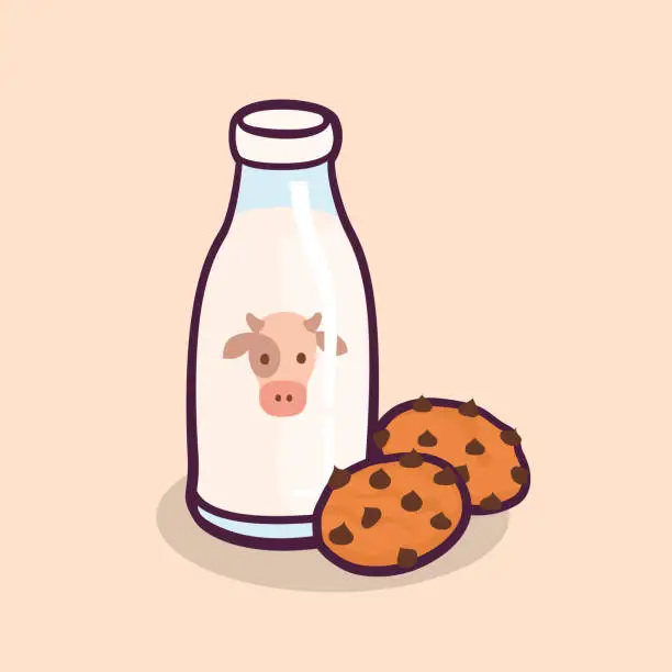 Vector illustration of Cow’s Milk In Glass Bottle And Chocolate Chips Cookies.