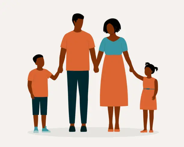 Vector illustration of Black Family With One Son And One Daughter Standing And Holding Hands Together.
