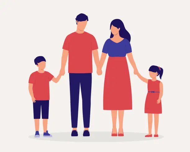 Vector illustration of Family With One Son And One Daughter Standing And Holding Hands Together.