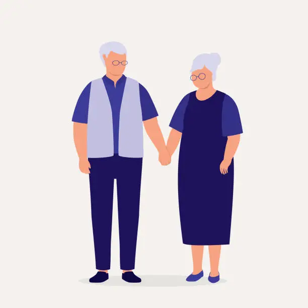 Vector illustration of Senior Couple Standing And Holding Hands Together.