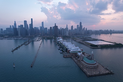An aerial view of the stunning Chicago skyline during a beautiful sunset.