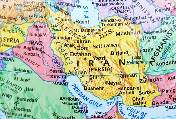 Map of Iran Map showing country of Iran featuring Shiraz,Kerman,Birjand,Tehran,Arek,Qom,the Salt Desert,Yazd,Neyriz,Abadan, and its neighboring countries of Iraq and Afghanistan khuzestan province stock pictures, royalty-free photos & images