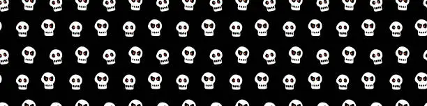 Vector illustration of Seamless pattern with skulls. Primitive cartoon flat style. Background and texture on theme of Halloween, danger, death, war, poison. For fabric, packaging, party, poster, banner.