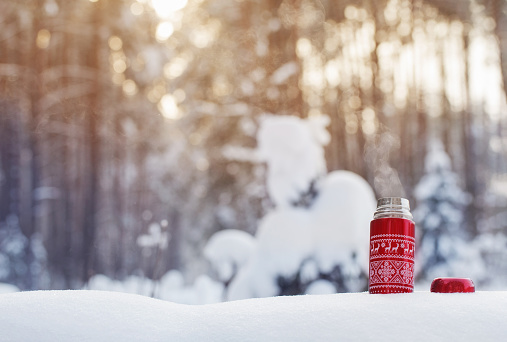 tea in red thermos in winter forest