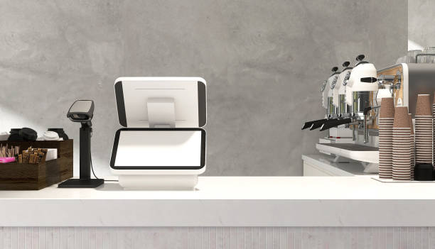 istock White modern blank screen of digital cash register, touchscreen tablet, barcode scanner on luxury cafe counter with espresso maker machine, coffee cup 1602567544