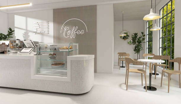 istock Modern luxury design cafe, mosaic tile white round corner counter, cake display, espresso machine, cash register, table, chair by window to tropical garden 1602568056