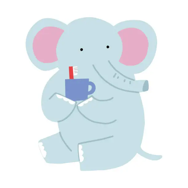 Vector illustration of Vector illustration of an elephant holding a toothbrush and cup.